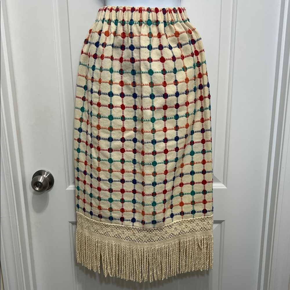 Handmade/Upcycled Vintage Cream Checkered Pattern Midi Skirt with Fringe